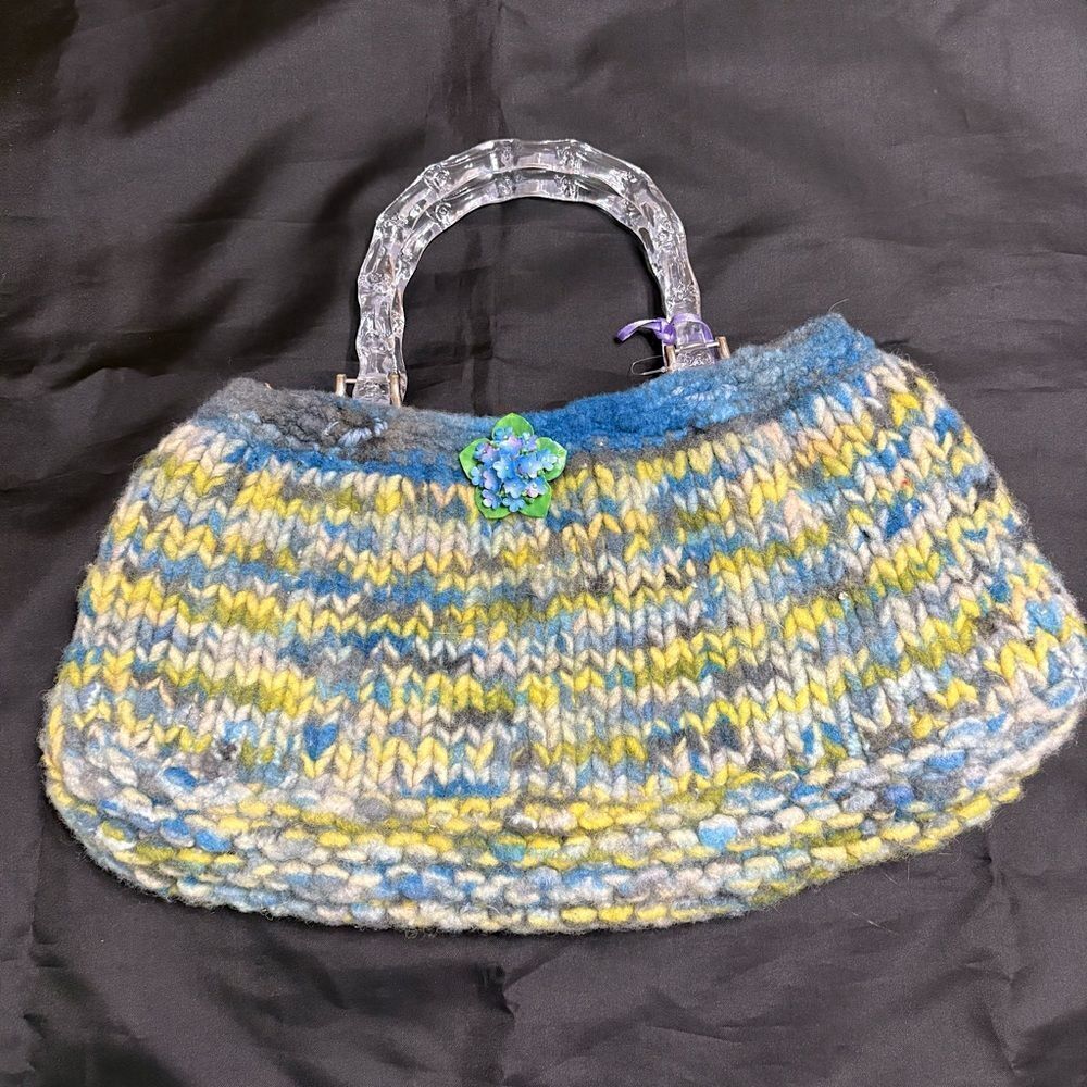 Vintage blue yellow handknit Handbag with Clear lucite Handles and flower brooch
